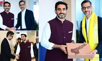 Google CEO Sundar Pichai Meets Minister Lokesh: గూగుల్ సీఈవో సుందర్ పిచాయ్ స్వాగతం: మంత్రి లోకేశ్తో భేటీ.. ఏపీలో ఏఐ డేటా సెంటర్ పురోగతి, కొత్త పెట్టుబడులపై చర్చ Google CEO Sundar Pichai Meets Minister Lokesh: గూగుల్ సీఈవో సుందర్ పిచాయ్ స్వాగతం: మంత్రి లోకేశ్తో భేటీ.. ఏపీలో ఏఐ డేటా సెంటర్ పురోగతి, కొత్త పెట్టుబడులపై చర్చ